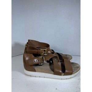 Michael Kors Sandals 7MGladiator Top Zip Strappy Flats Brown Leather Rubber Sole